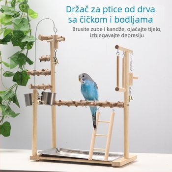 Stalak za papigu s podnom platformom — čvrsto drvo i pepperwood, metalni dodaci, interaktivna platforma, pogodna za sve vrste ptica, branda Gatoo Forest