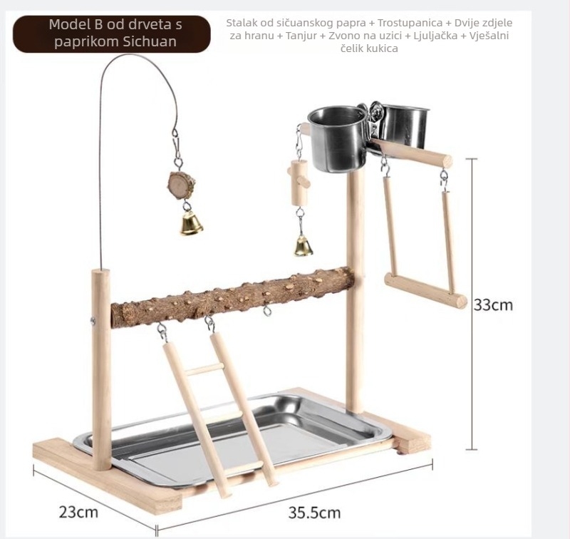 Stalak za papigu s podnom platformom — čvrsto drvo i pepperwood, metalni dodaci, interaktivna platforma, pogodna za sve vrste ptica, branda Gatoo Forest