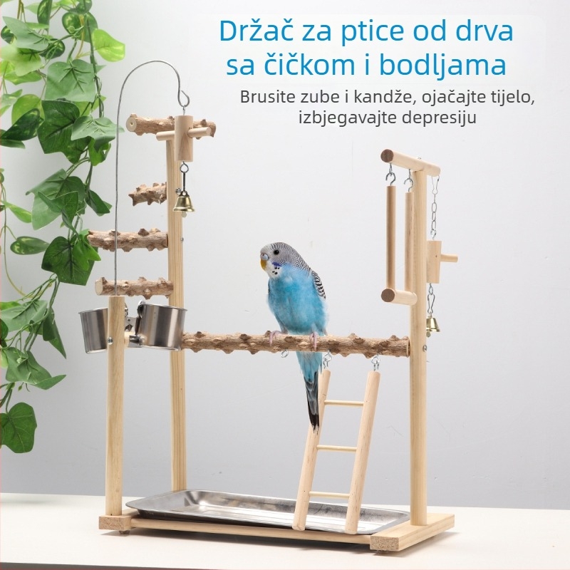 Stalak za papigu s podnom platformom — čvrsto drvo i pepperwood, metalni dodaci, interaktivna platforma, pogodna za sve vrste ptica, branda Gatoo Forest