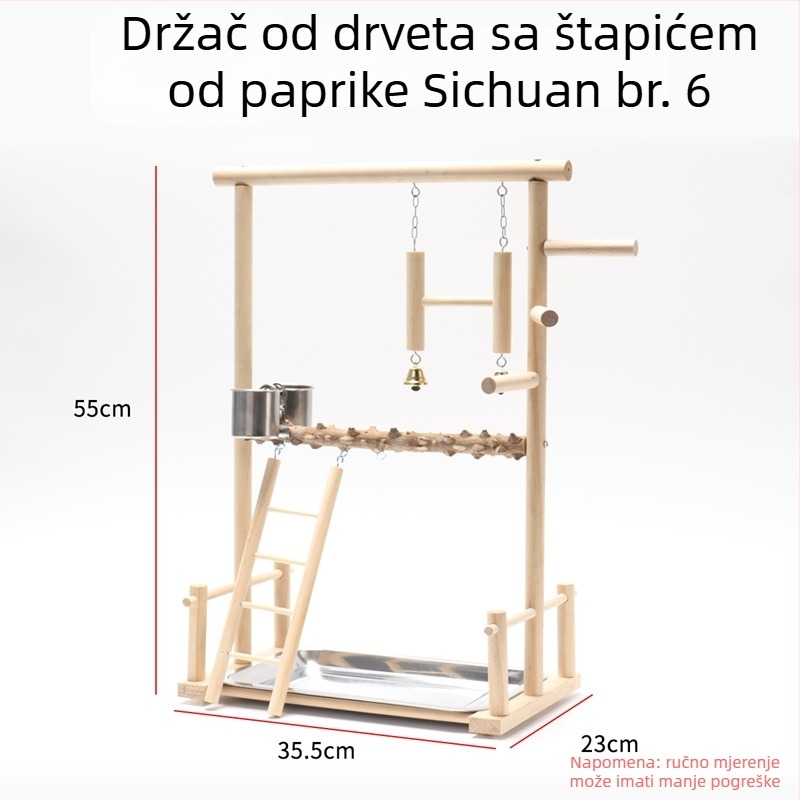 Stalak za papigu s podnom platformom — čvrsto drvo i pepperwood, metalni dodaci, interaktivna platforma, pogodna za sve vrste ptica, branda Gatoo Forest