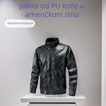 PU kožna jakna za muškarce, bikerski stil, stojeći ovratnik, zip zatvaranje, širok kroj