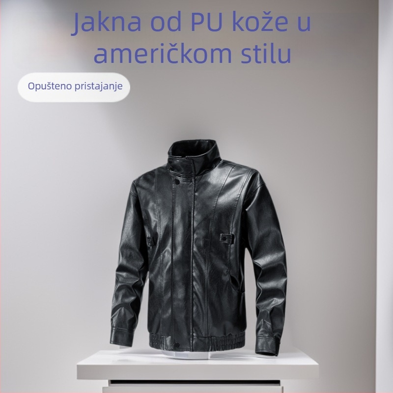 PU kožna jakna za muškarce, bikerski stil, stojeći ovratnik, zip zatvaranje, širok kroj