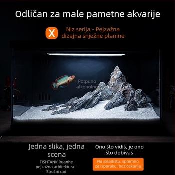 Desktopni akvarij s krajobraznim dizajnom — snježni planinski kraj, integrirani potok, prirodni materijali
