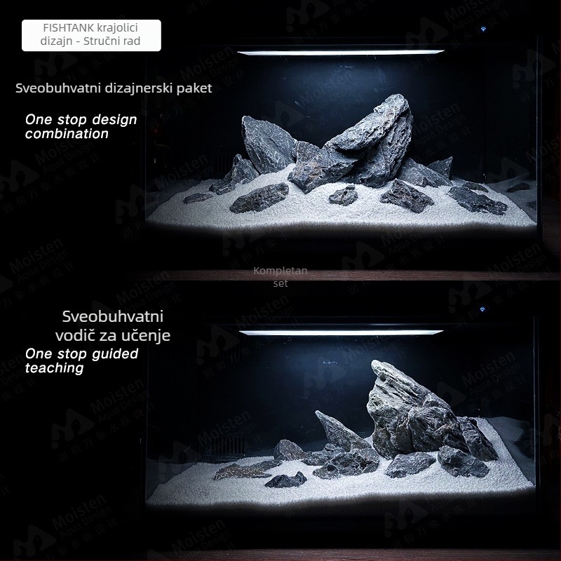 Desktopni akvarij s krajobraznim dizajnom — snježni planinski kraj, integrirani potok, prirodni materijali