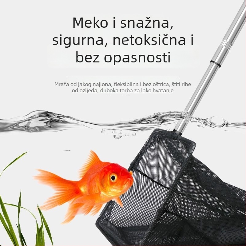 Mrežica za čišćenje akvarija za zlatice — kvadratni okvir, teleskopski, ručna, fina mreža