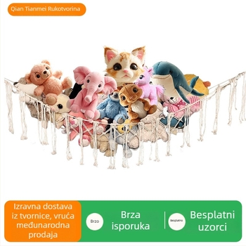 Trokutasta mreža za pohranu plišanih igračaka – ručno pletena od pamukane užadi, kutna viseća mreža s resicama