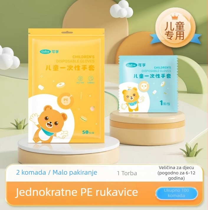 Dječje jednokratne rukavice, prehrambene kvalitete, debeli polietilen, pojedinačno pakirane, pogodne za catering i putovanja