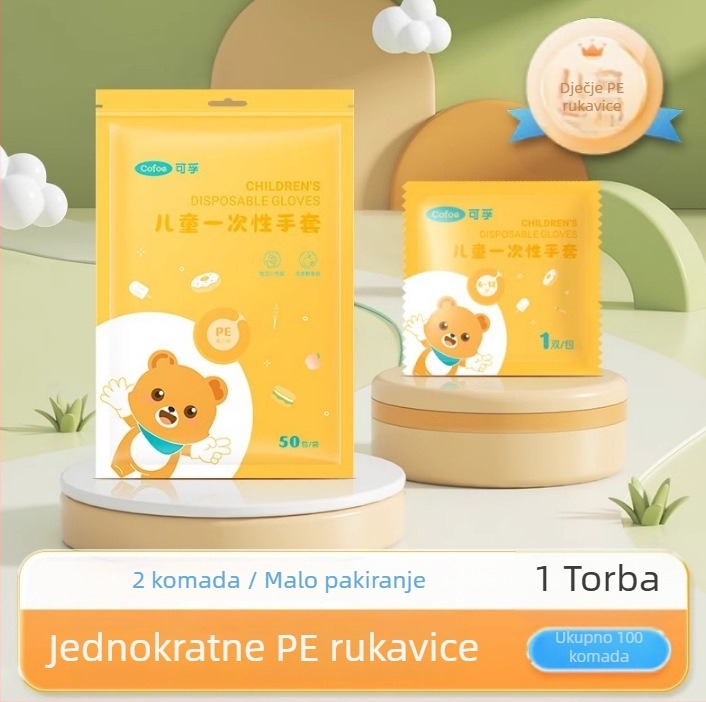 Dječje jednokratne rukavice, prehrambene kvalitete, debeli polietilen, pojedinačno pakirane, pogodne za catering i putovanja