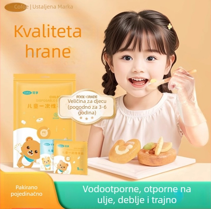 Dječje jednokratne rukavice, prehrambene kvalitete, debeli polietilen, pojedinačno pakirane, pogodne za catering i putovanja
