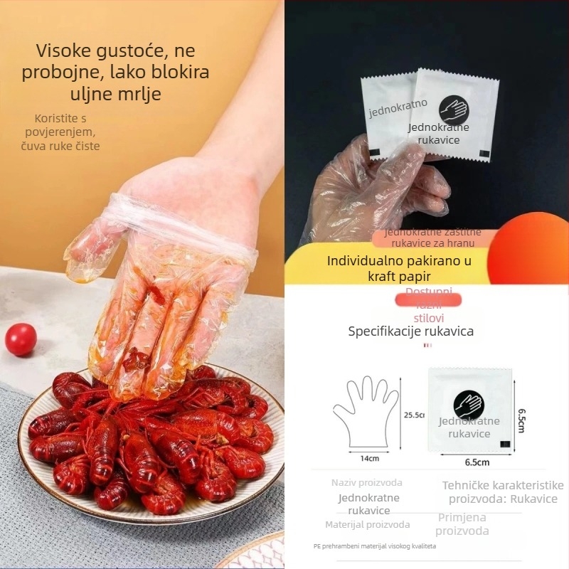 Jednokratne rukavice za hranu, prozirne plastične, zadebljane, pojedinačno pakirane, otporne na masnoću, polietilenski materijal, rok trajanja 3 godine