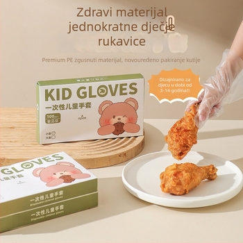 Jednokratne dječje rukavice od PE, prehrambena kvaliteta, prozirne, debljina 0,1 mm, kutija s izvučnim dizajnom