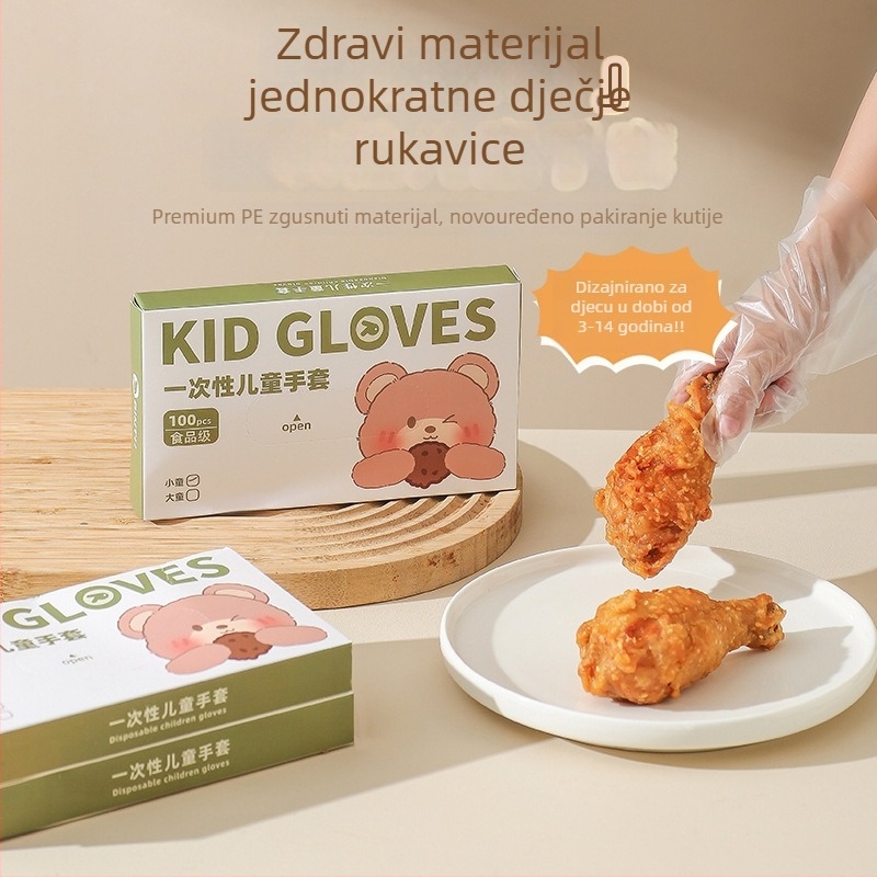 Jednokratne dječje rukavice od PE, prehrambena kvaliteta, prozirne, debljina 0,1 mm, kutija s izvučnim dizajnom