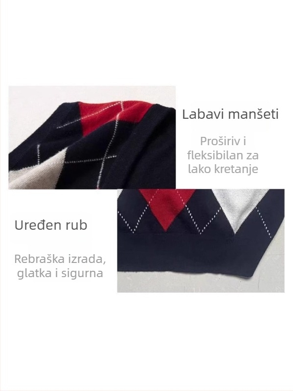 Muška vesta od 100% vune, V izrez, britanski stil, jacquard dijamantni uzorak