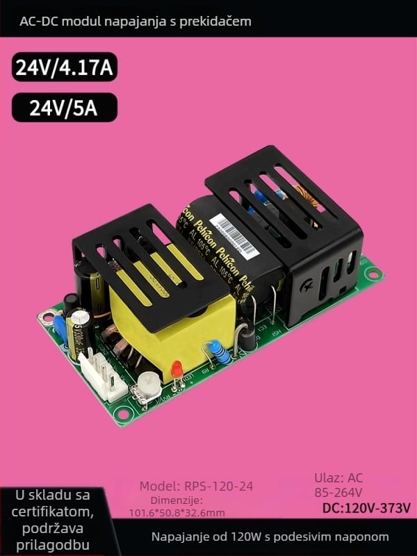 AC-DC modul napajanja, 120W, ulaz 220V, izlaz 24V, prekidački izvor, industrijska klasa, ugrađeni regulator