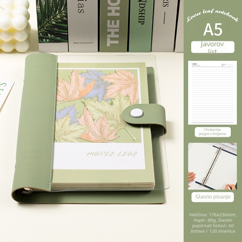 Prozirni bilježnica s razdvojenim listovima, meka kožna kućišta, odvojivi blok bilježnica, Dowling papir, 60 listova, 8 rupa