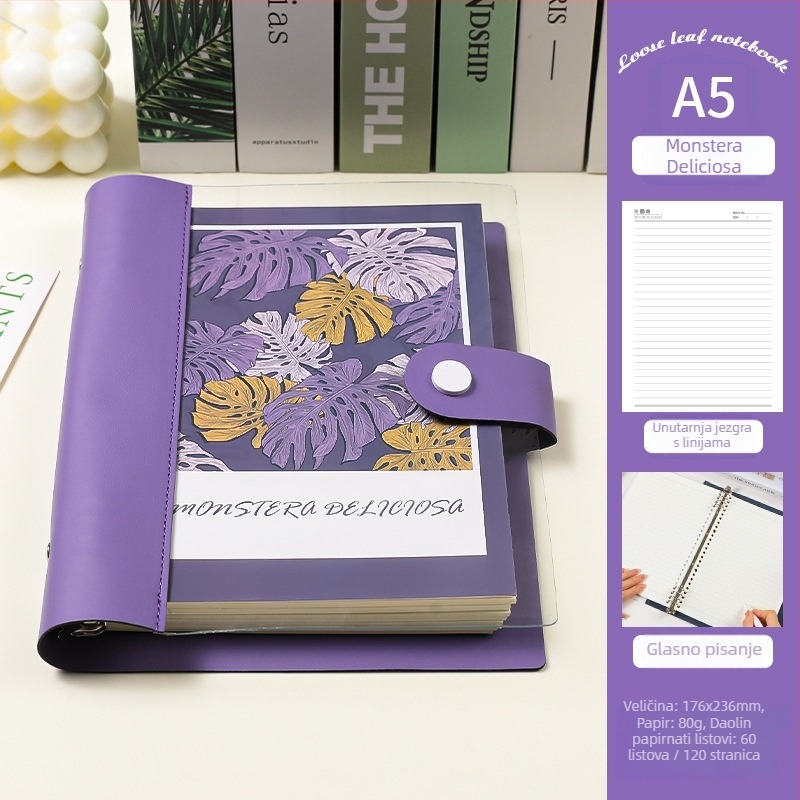 Prozirni bilježnica s razdvojenim listovima, meka kožna kućišta, odvojivi blok bilježnica, Dowling papir, 60 listova, 8 rupa