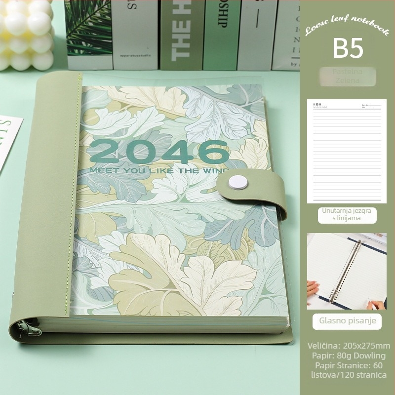 Prozirni bilježnica s razdvojenim listovima, meka kožna kućišta, odvojivi blok bilježnica, Dowling papir, 60 listova, 8 rupa