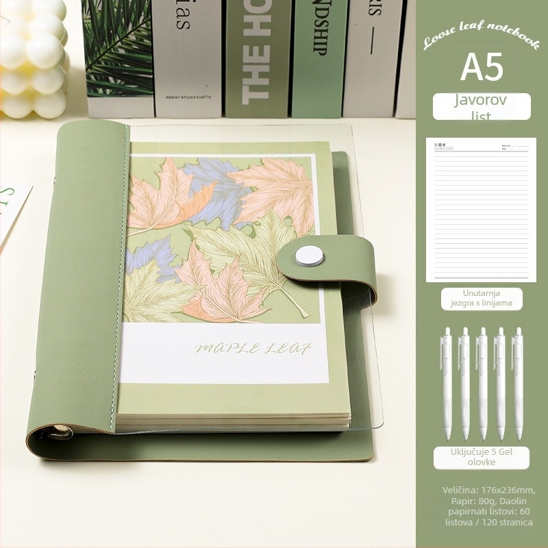 Prozirni bilježnica s razdvojenim listovima, meka kožna kućišta, odvojivi blok bilježnica, Dowling papir, 60 listova, 8 rupa