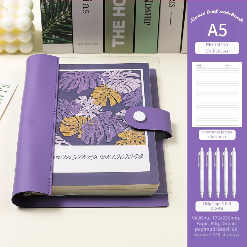 Prozirni bilježnica s razdvojenim listovima, meka kožna kućišta, odvojivi blok bilježnica, Dowling papir, 60 listova, 8 rupa