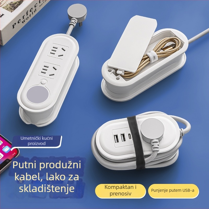 Putna utičnica s USB punjenjem, noćnim svjetlom i spremnikom za navijanje kabla; napajanje 110-250V, snaga do 2500W, bakreni vodiči, kućište PP, CCC potvrda