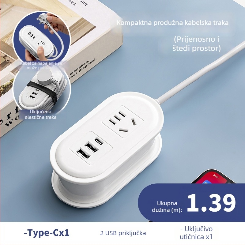 Putna utičnica s USB punjenjem, noćnim svjetlom i spremnikom za navijanje kabla; napajanje 110-250V, snaga do 2500W, bakreni vodiči, kućište PP, CCC potvrda