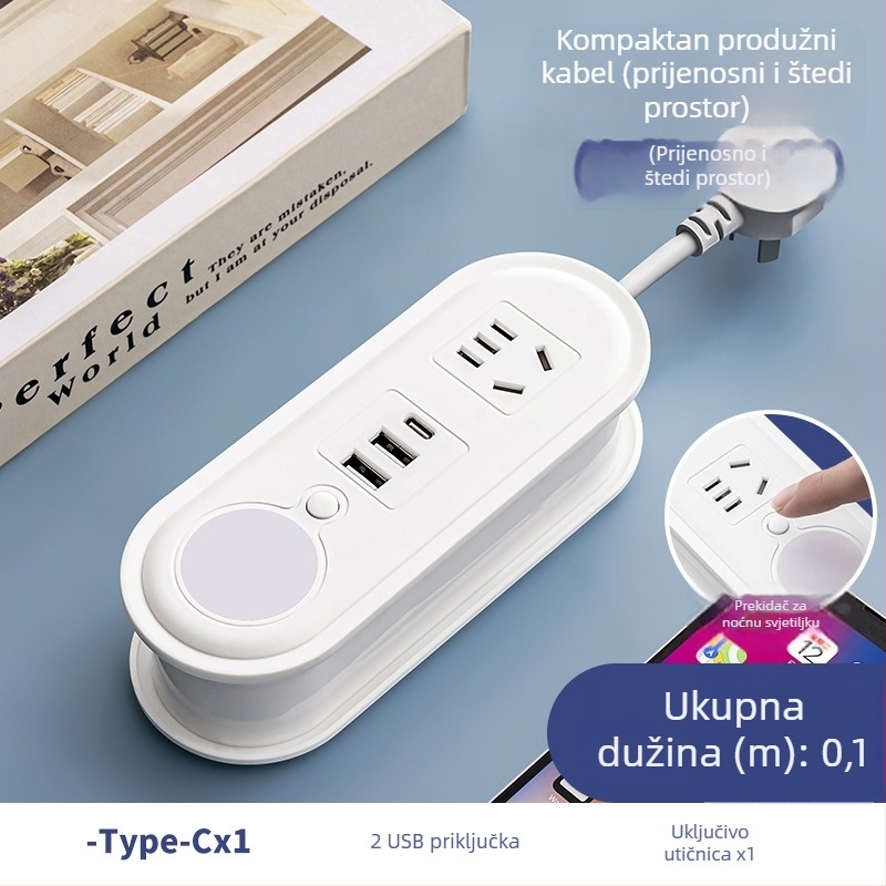 Putna utičnica s USB punjenjem, noćnim svjetlom i spremnikom za navijanje kabla; napajanje 110-250V, snaga do 2500W, bakreni vodiči, kućište PP, CCC potvrda