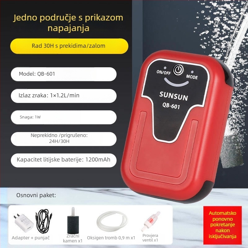 Kompaktna punjiva pumpa za kisik za akvarij, prijenosna dvostruka namjena za ribolov i uzgoj riba; napajanje: AC, buka 50 dB, težina 1