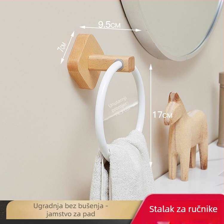 Držač ručnika od čvrstog drveta s prstenom – bez bušenja, konstrukcija od drveta i aluminija, nosivost 10 kg, jednostruki sloj