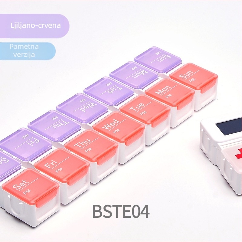 Kutija za tablete s podijeljenim pretincima i digitalnim vremenskim podsjetnikom, prijenosna (Model BSTE00, PP plastika)