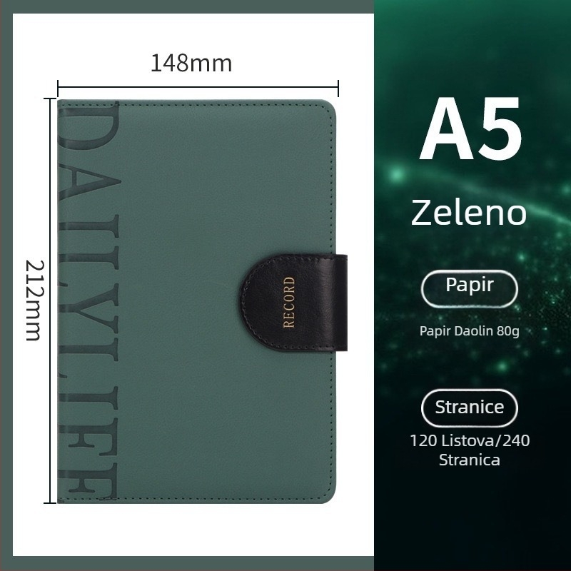 Poslovni bilježnica s imitacijskom kožnom koricom, 200–300 stranica, Daolin papir 80 g, veza nitima uz ljepilo, uključena poklon kutija