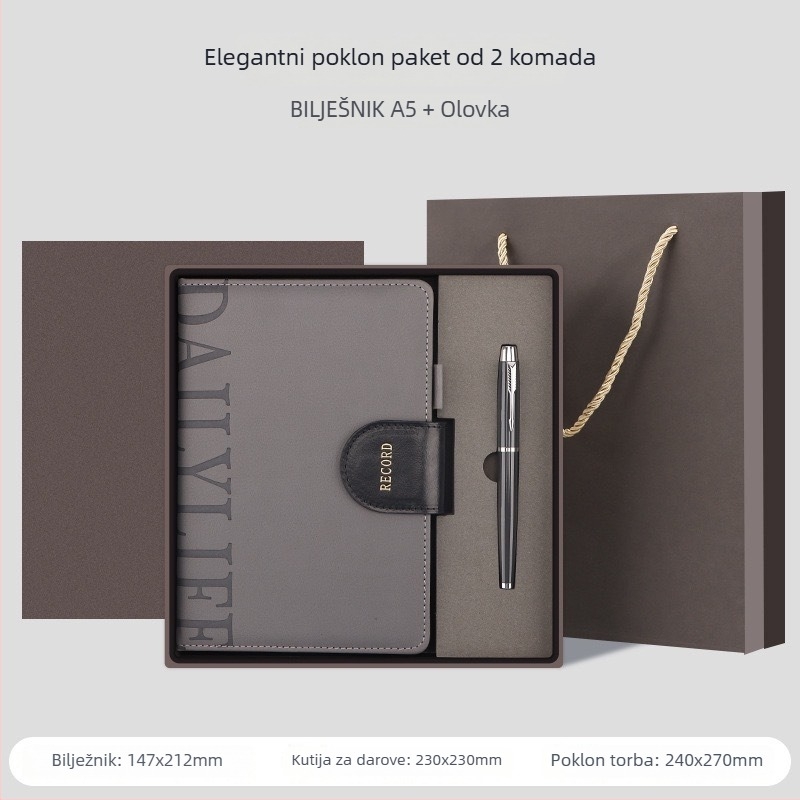 Poslovni bilježnica s imitacijskom kožnom koricom, 200–300 stranica, Daolin papir 80 g, veza nitima uz ljepilo, uključena poklon kutija
