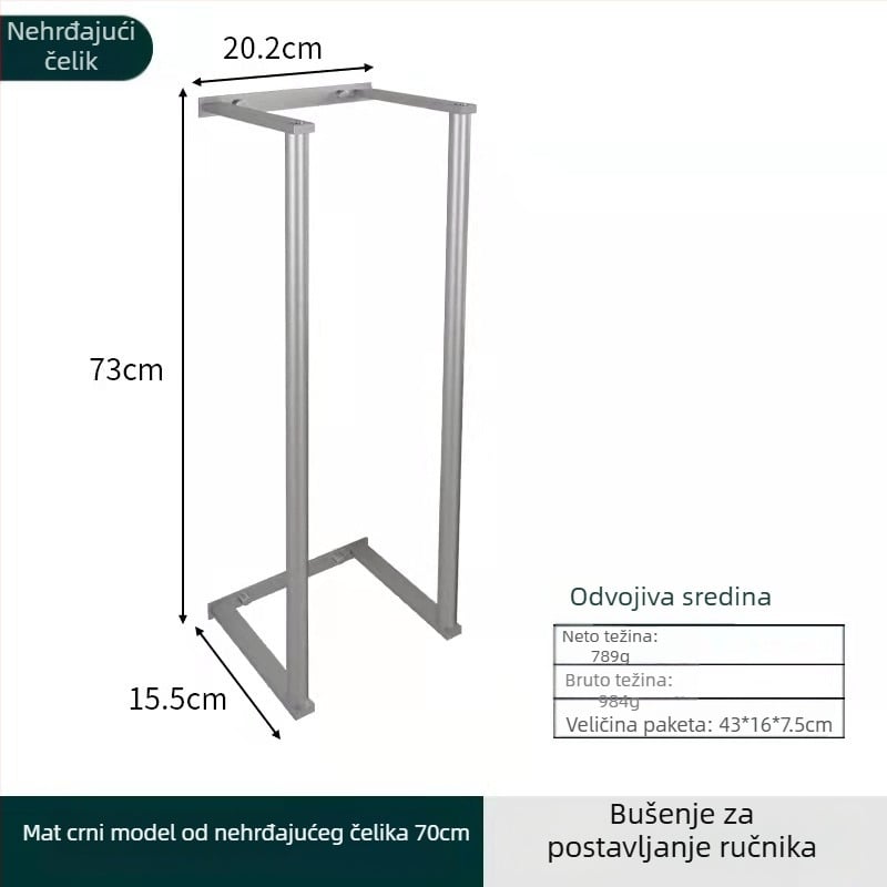 Nosač za ručnike od nehrđajućeg čelika - zidni, nosivost 10 kg, 1 sloj, perforiran, moderan minimalistički dizajn