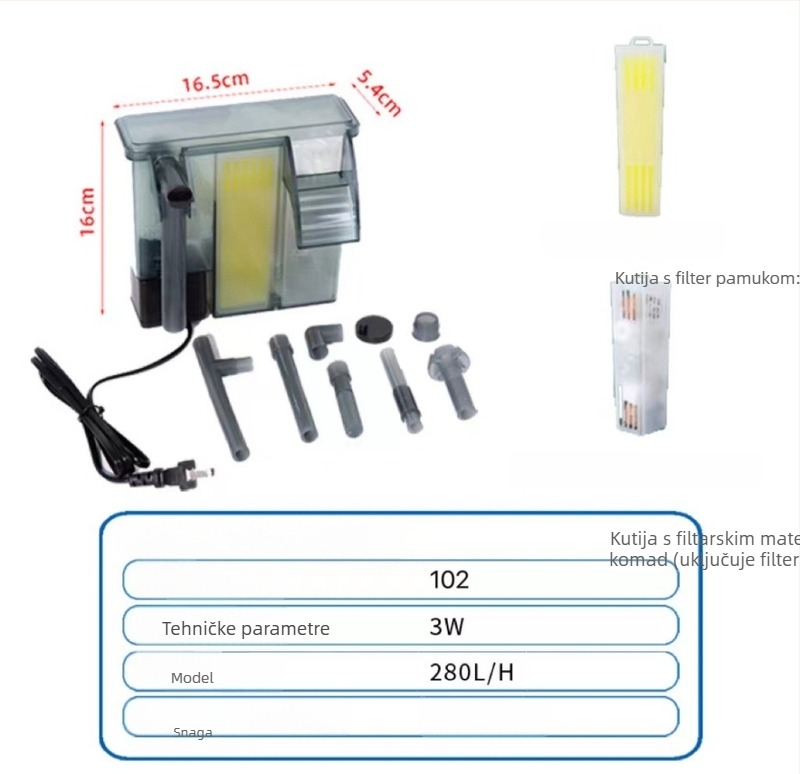 Zidni vanjski filtar za akvarij s pumpom za cirkulaciju vode i filtracijskim materijalom, model RLD-102