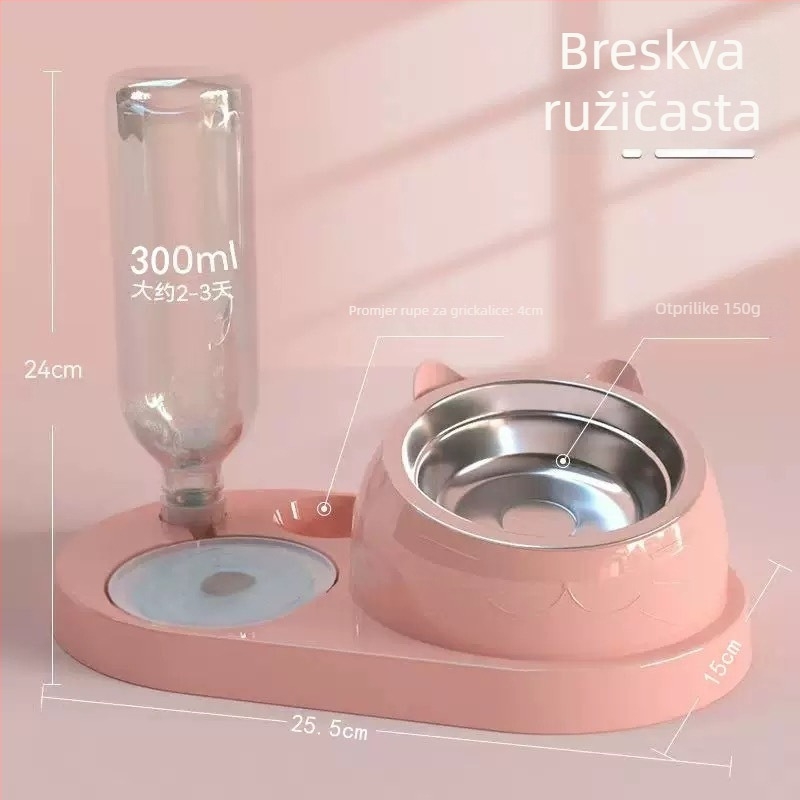 Dvostruka zdjela za mačke s automatskim sustavom za vodu, nagib usana (plastika + nehrđajući čelik)