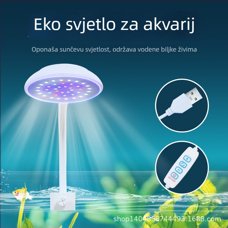 USB napajano okruglo klips LED svjetlo za akvarij, s podešavanjem jačine, za ribice i vodene biljke, 5W/7W, plastično kućište