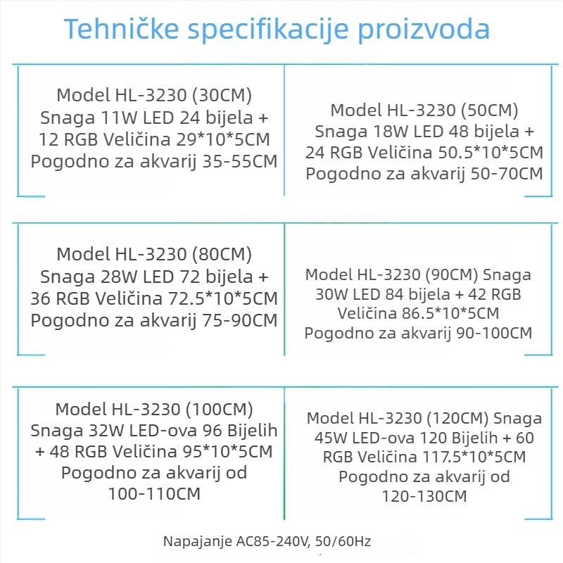 Haiyi Hl-3230 LED svjetlo za akvarij s punim spektrom — aluminijska legura, snaga 11-45 W, model Hl-3230