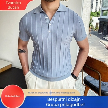 Yijin uski pleteni polo džemper s ovratnikom, kratki rukavi, prugasti uzorak, smjesa poliestera 70%