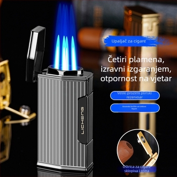 Četverostruki plamenik za cigare s butanom, otporan na vjetar, metalno kućište, tiskani logotip