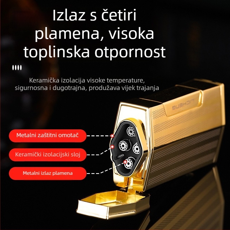 Četverostruki plamenik za cigare s butanom, otporan na vjetar, metalno kućište, tiskani logotip