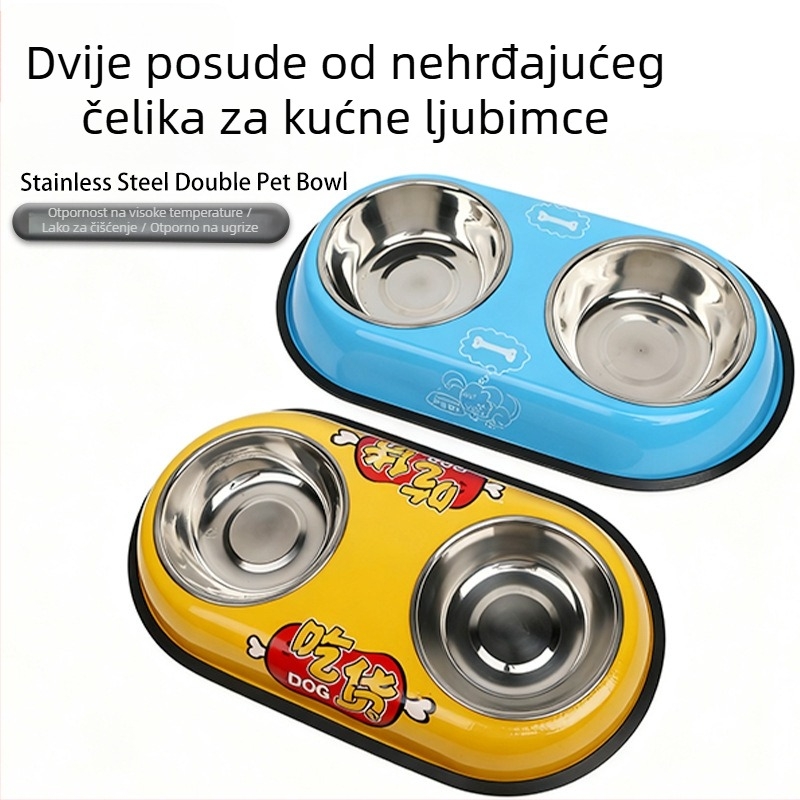 Posuda od nehrđajućeg čelika za kućne ljubimce, dvostruka zdjela za pse i mačke, hrana i voda u jednom, sprječava prevrnuti