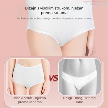 Jednokratne trudničke gaćice za žene — lagane, prozračne, visoke elastičnosti; glavni materijal pamuk, podstava u području prepona pamuk, visoki pojas