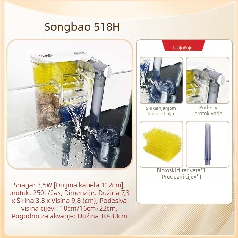 Songbao viseći filter za akvarij — tri u jednome: oksigenacija i filtracija, tiha pumpa, zidni vodopad; Materijal: plastika; Težina: 1 kg; Značka: Songbao
