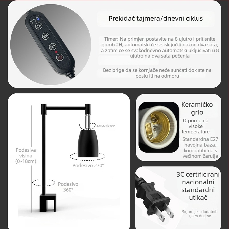 Lampa za sunčanje kornjača, puni spektar UVB UV-A za gmazove, s E7 tajmerom