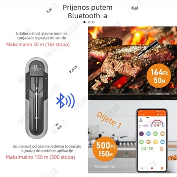 Kaitai termometar za hranu s Bluetoothom i aplikacijom za pametni telefon, 0,1°C rezolucija, za pečenu govedinu