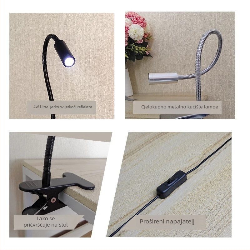 LED klips lampica za stol i krevet s fleksibilnim vratilom, 2–10W, ≤36V, PVC sjenilo, napajanje iz utičnice
