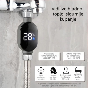 Tuš higrometar s LED prikazom temperature, rezolucija 1°C, vodovodna cijev, mogućnost prilagođavanja