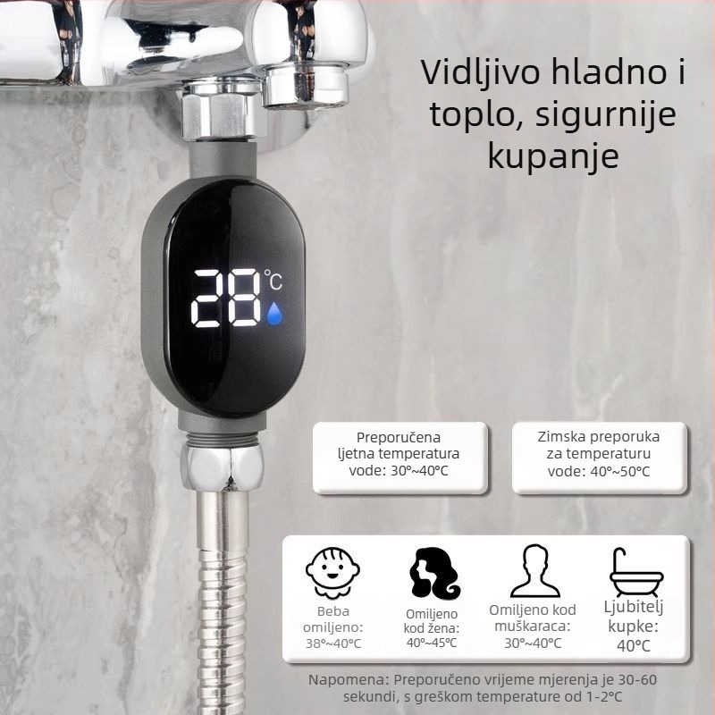 Tuš higrometar s LED prikazom temperature, rezolucija 1°C, vodovodna cijev, mogućnost prilagođavanja