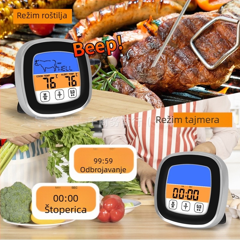 Termometar za hranu s inteligentnim dodirnim kolor zaslonom, tajmerom za pečenje, mjerenjem temperature, rezolucija 1°C