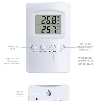 Unutarnji digitalni termometar za hladnjak s dvostrukim senzorima temperature — Rezolucija 0,1°C, uklјučena sonda, mogućnost prilagodbe obrade