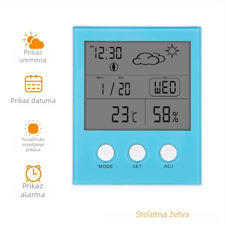 CH-904 Unutarnji mjerni uređaj za temperaturu i vlage s velikim digitalnim zaslonom i alarmom; Razlučivost: temperatura 1°C, vlaga 1% RH